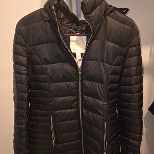 Kate Spade Quilted Puffer Coat with Faux Fur Hood, Size Large, Black